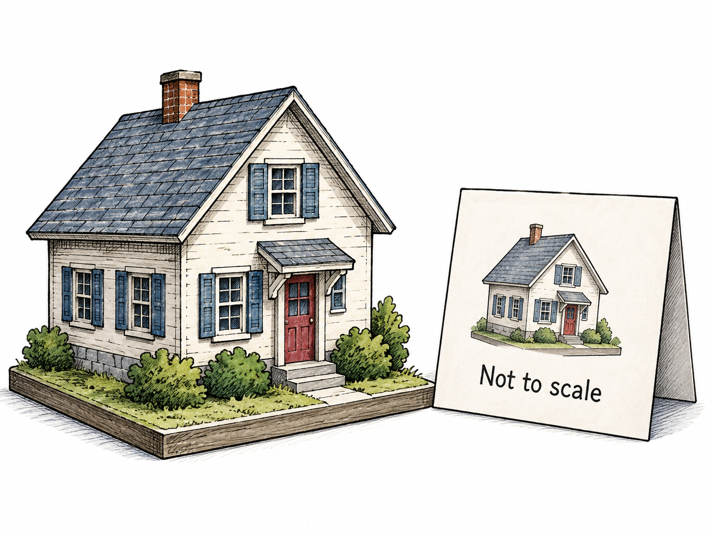 A product information card beside a sample model bears only the brief functional phrase Not to scale, visibly limiting how the illustration should be interpreted; no extra disclaimer prose.