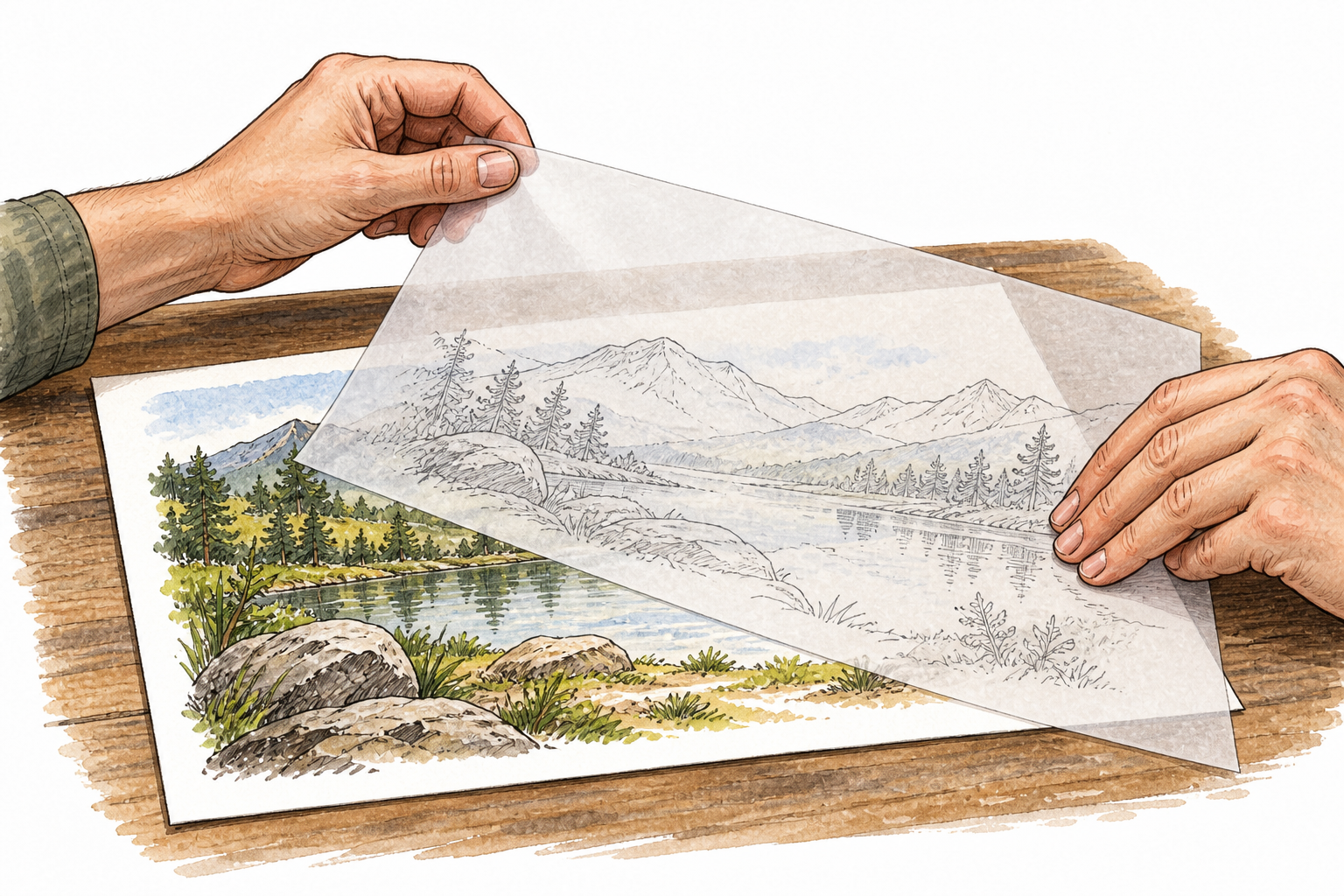 Hands place a transparent tracing sheet over a landscape drawing, original visible beneath the new top layer, no text.