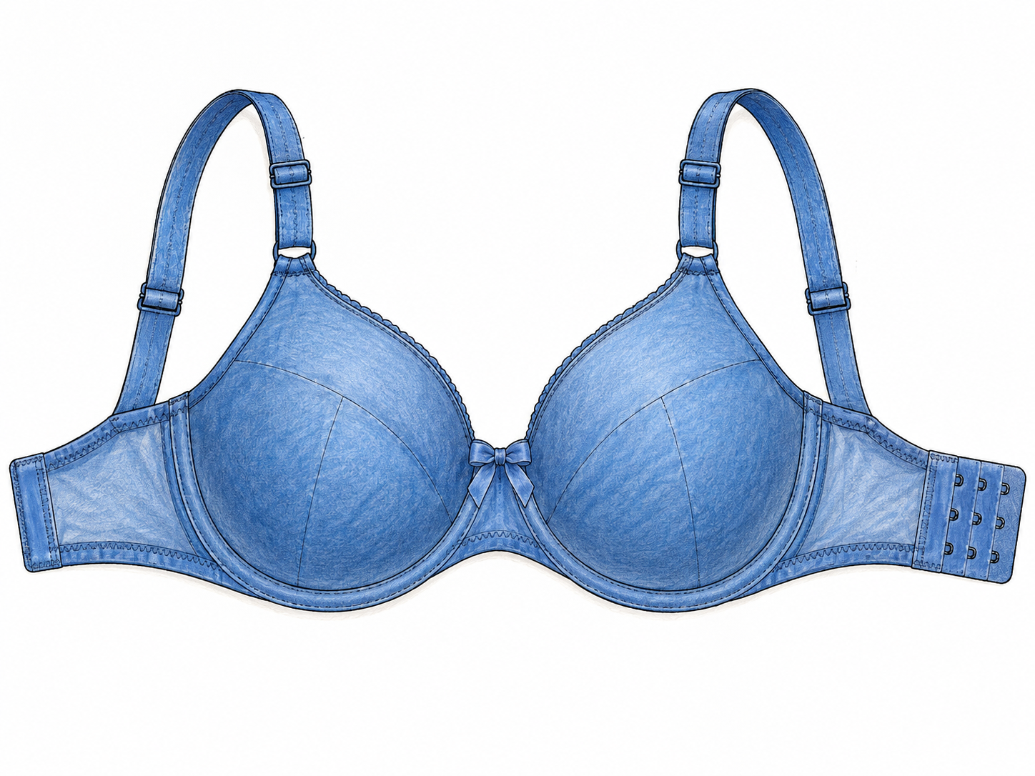 Plain practical blue brassiere laid flat, two shaped cups, shoulder straps and back band clearly visible; neutral clothing product illustration, no body or erotic framing.