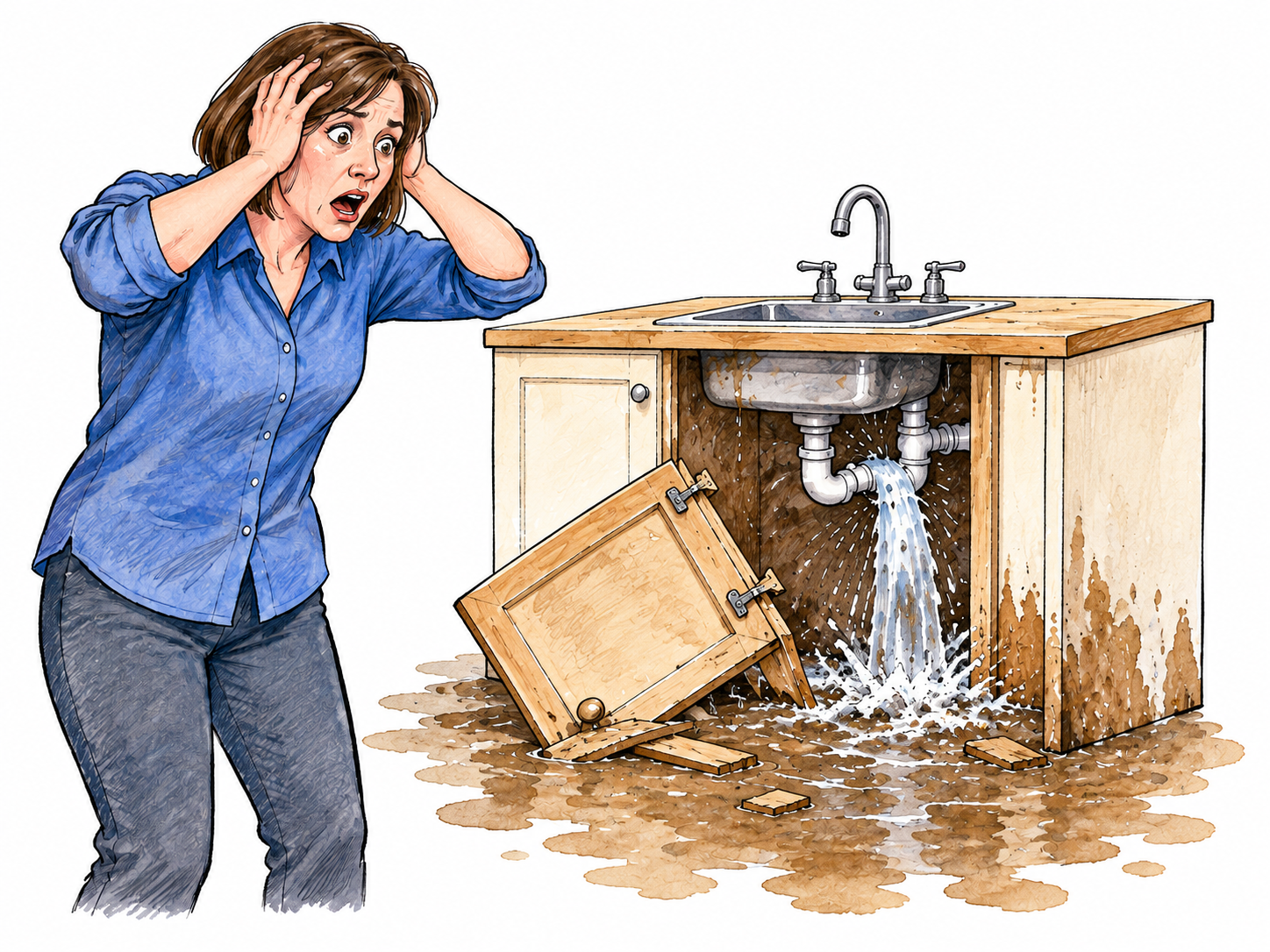 Woman reacts in shocked dismay to horrendous flooded kitchen damage: collapsed small cabinet, burst pipe and muddy puddle with ruined appliances, compact disaster vignette and strong expression, no injuries or writing, white margins.