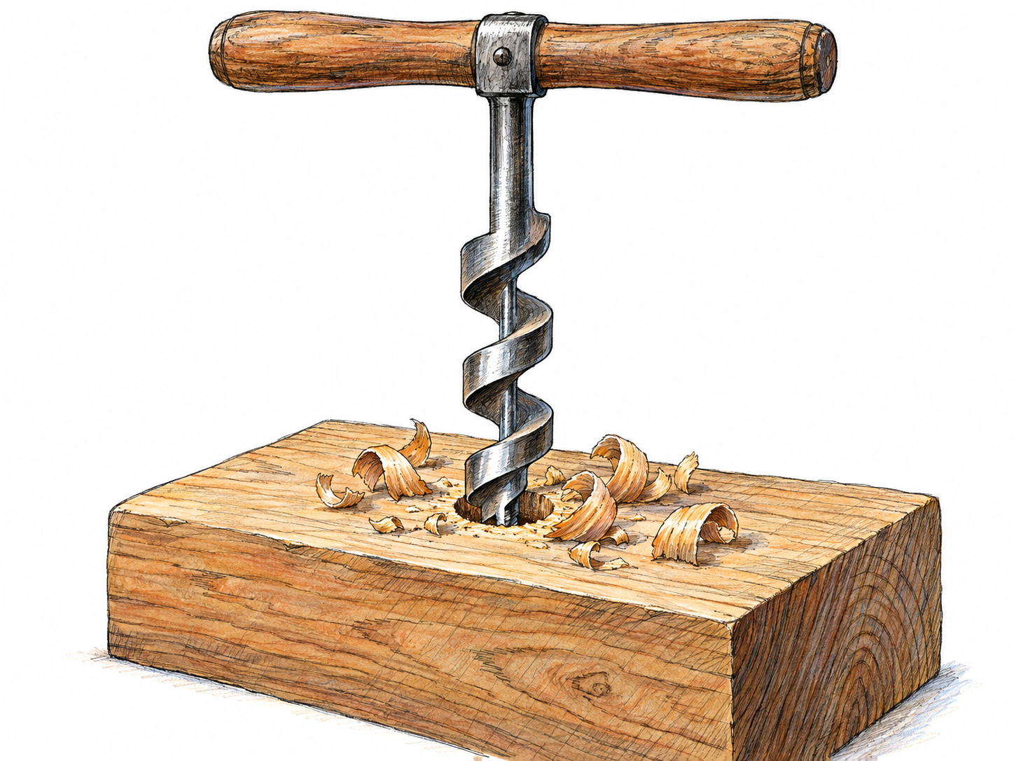 A hand auger with a wooden cross-handle and prominent spiral cutting shaft, its tip seated in a partly bored hole in a thick wood block, with fresh curled shavings beside the hole.