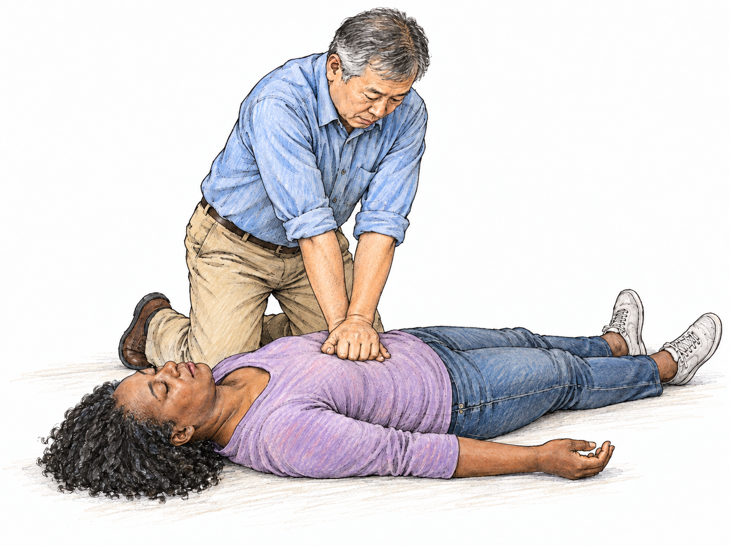 An older East Asian man kneels beside an unconscious middle-aged Black woman and performs chest compressions, showing resuscitation in progress.