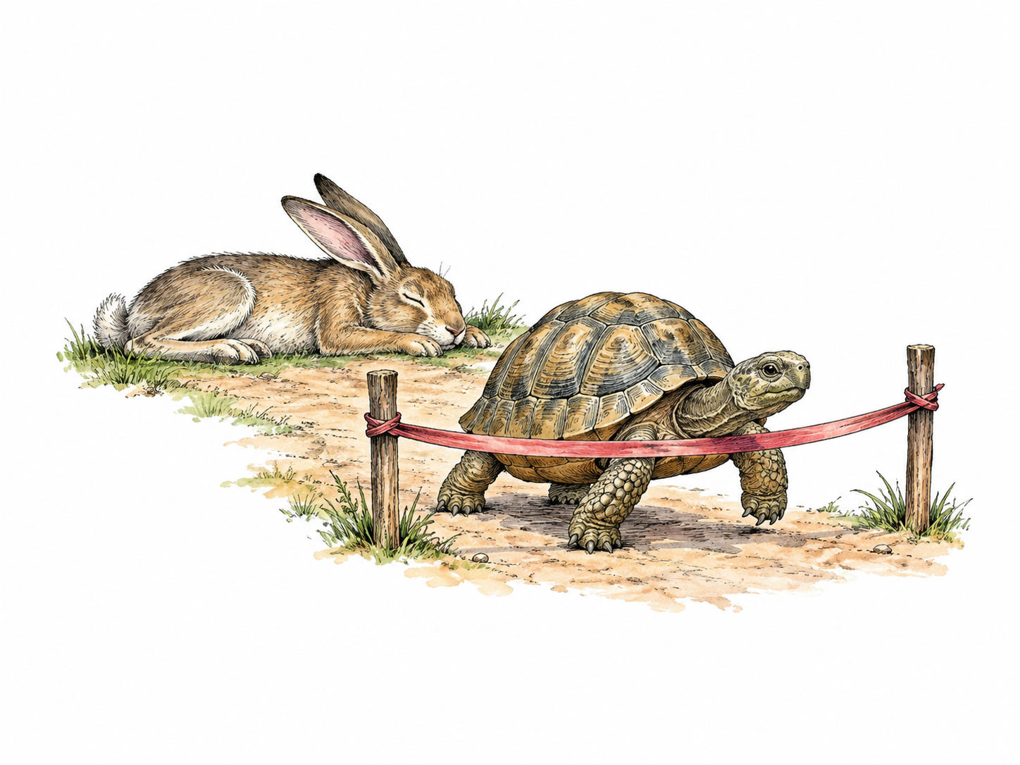 The tortoise-and-hare story: a small tortoise steadily crosses a simple finish line marked by a low ribbon between two stakes while a hare sleeps beside the path behind it.