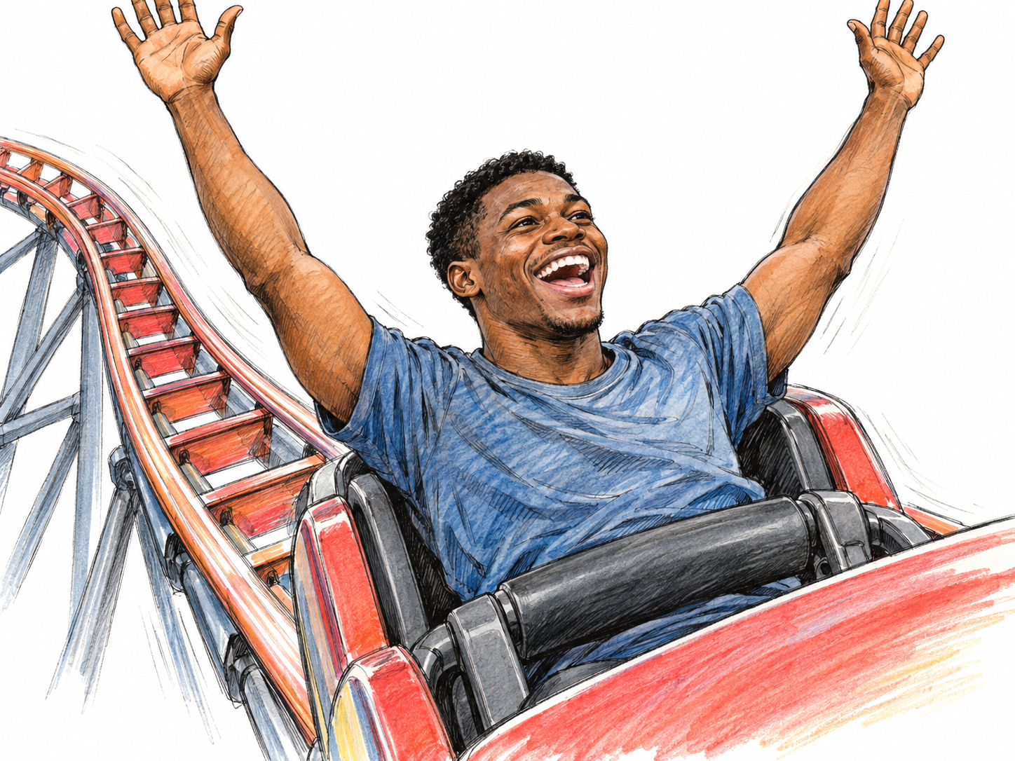 A young man visibly exhilarated on a roller-coaster descent: an exuberant open-mouthed smile, bright eyes, wind-swept hair, and both arms raised above a securely fastened restraint.