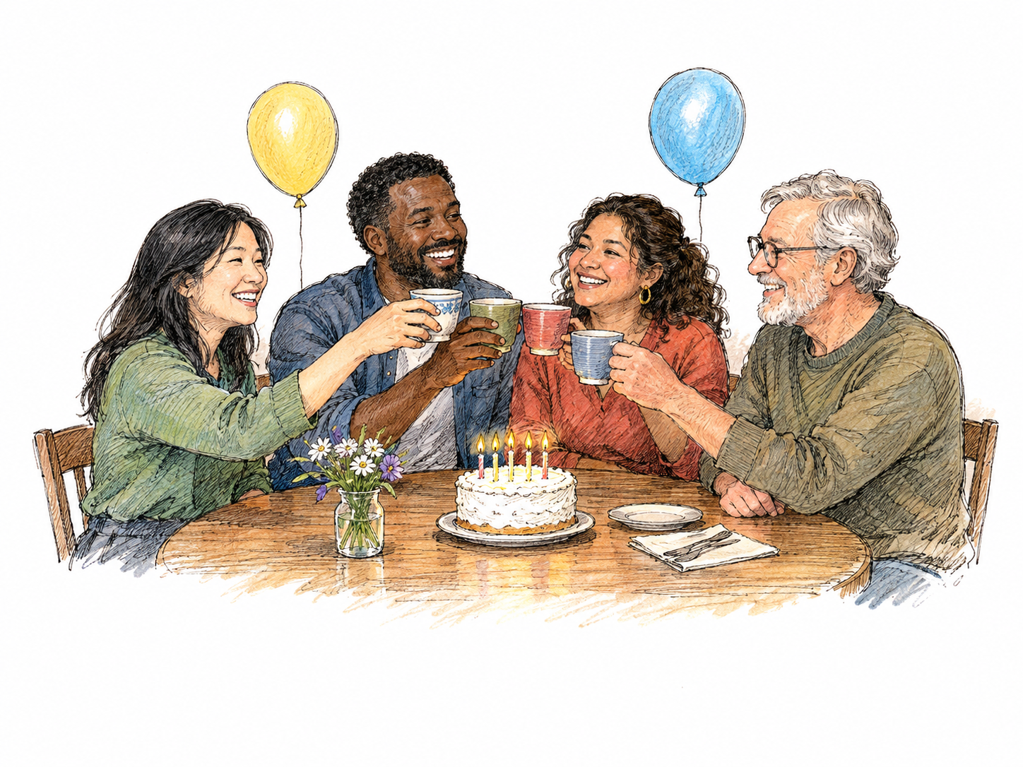 Four adults at a small birthday gathering raise cups around one modest cake, simple party celebration with two plain balloons; no banners, slogans or cake text.