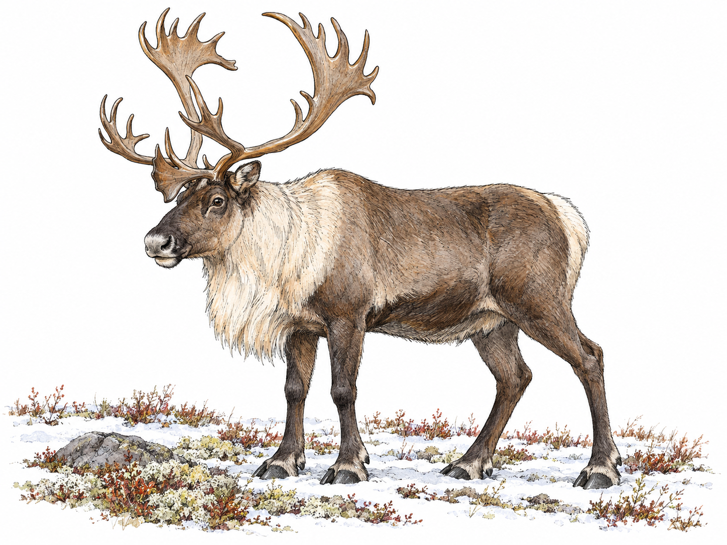 A single adult bull caribou in three-quarter side view on a sparse snowy tundra patch, clearly displaying its broad, branching antlers, pale neck ruff, brown-gray coat and wide hooves.