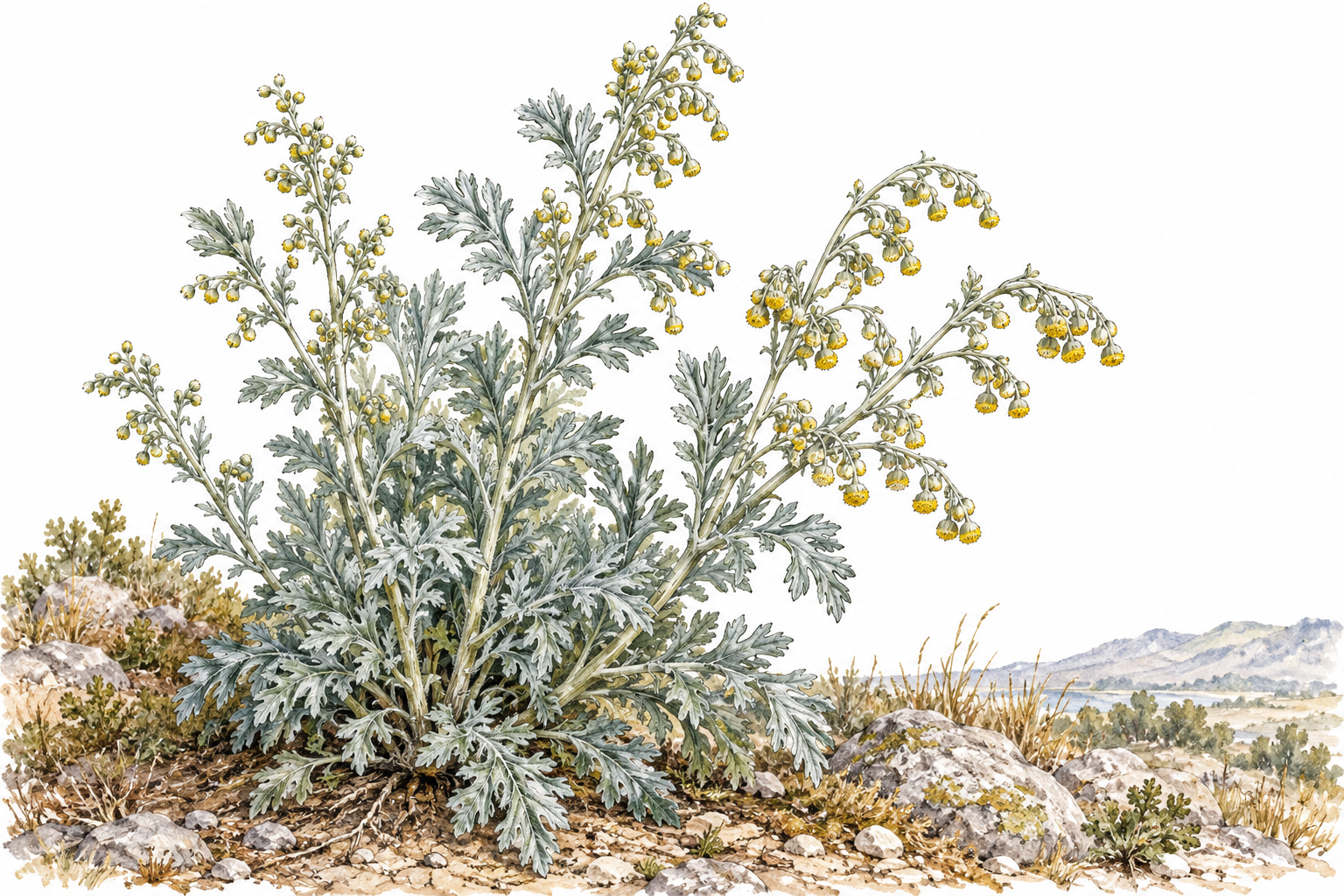 Botanical field illustration of a living wormwood plant Artemisia absinthium, distinctive silvery gray-green deeply divided leaves with fine downy texture, branching stems and many tiny round drooping yellow flower heads, rooted in dry stony soil with natural sunlight.