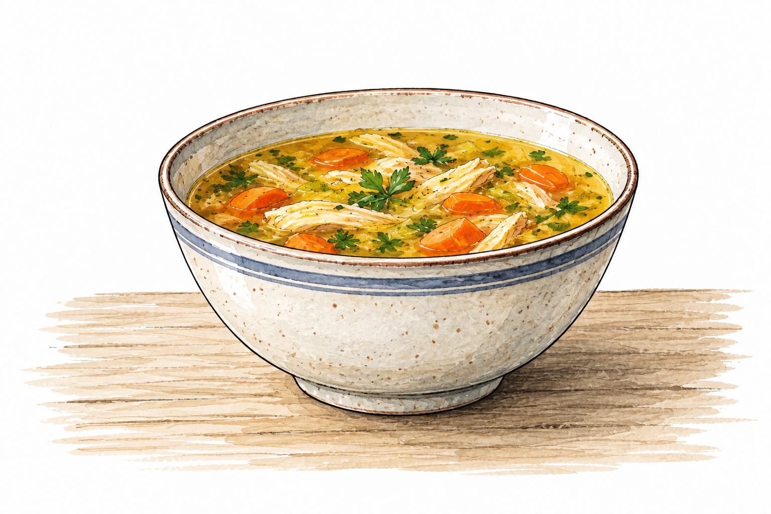 Deep round ceramic bowl containing soup on plain table.