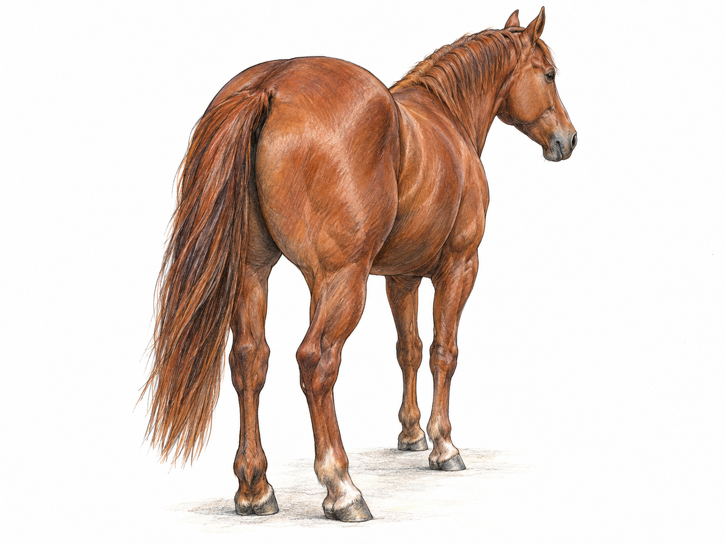 A rear three-quarter view of a horse, with its rounded hindquarters dominating the composition and its tail shifted slightly aside so the rump is clearly visible.
