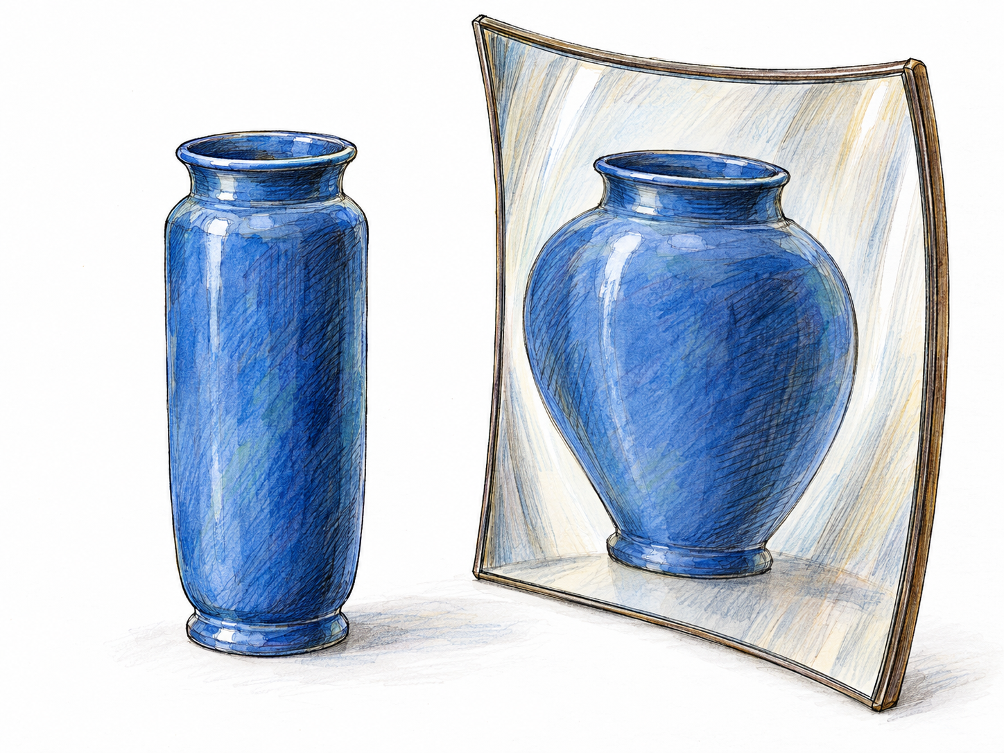A straight-sided blue ceramic vase beside a curved mirror that reflects the same vase as visibly stretched and twisted, showing distortion of an otherwise regular shape.