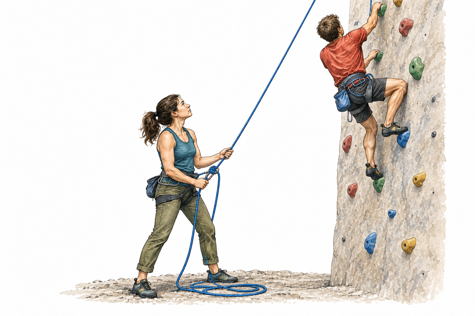 A trained belayer controls a climber's rope through a belay device at a climbing wall, safe accurate harness and rope configuration.