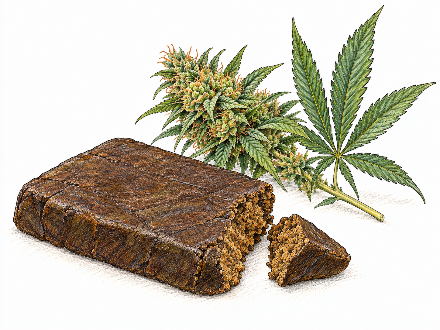 A compact brown slab of cannabis resin with a broken corner exposing its dense, granular interior, beside a recognizable cannabis leaf and flowering sprig.