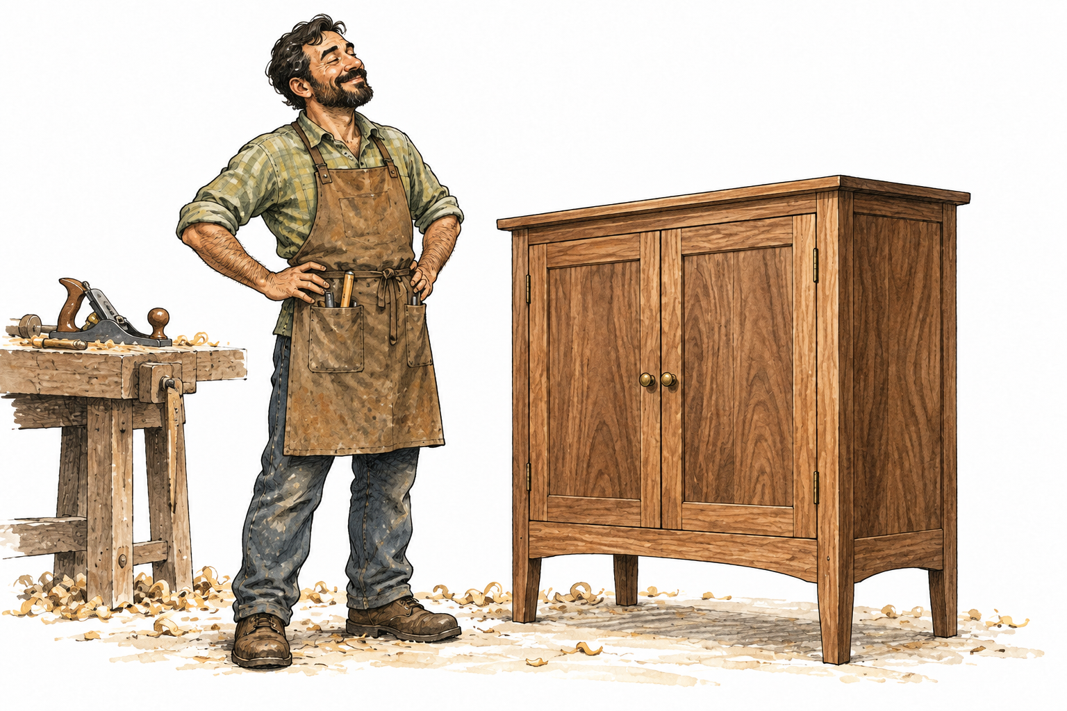 An adult looks deeply satisfied after completing a difficult handmade cabinet, earned gratification.