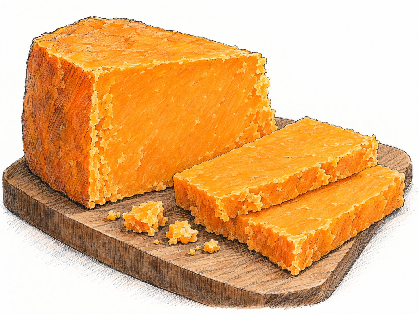 A substantial wedge of mature orange cheddar on a small wooden board, with thick slices and a few crumbles exposing its dense, firm texture.