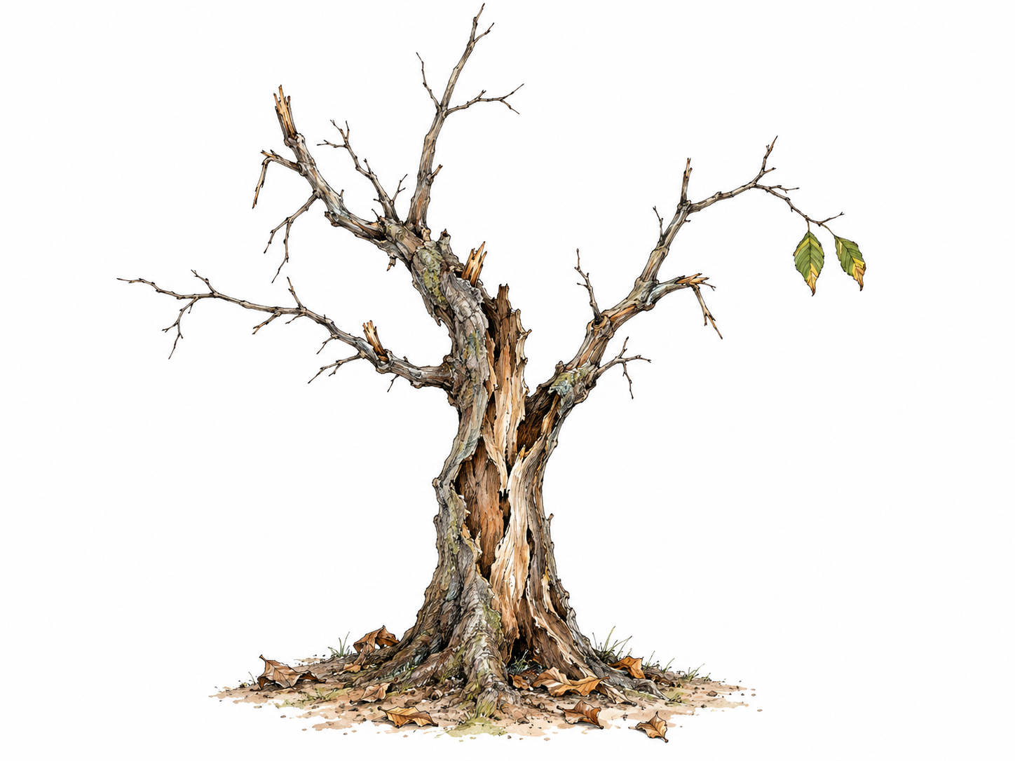 A nearly dead small tree: most branches are bare and brittle, its trunk has peeling bark and extensive dead wood, and only one thin twig retains a few fading leaves.