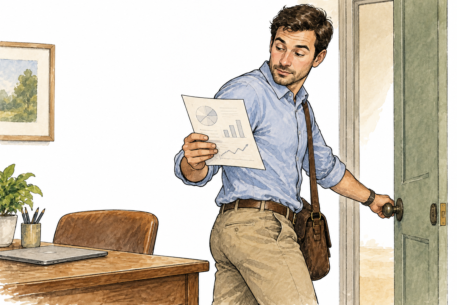 An adult giving an open unlettered document a quick superficial glance while already turning toward the door, few simple diagrams on paper, no words.