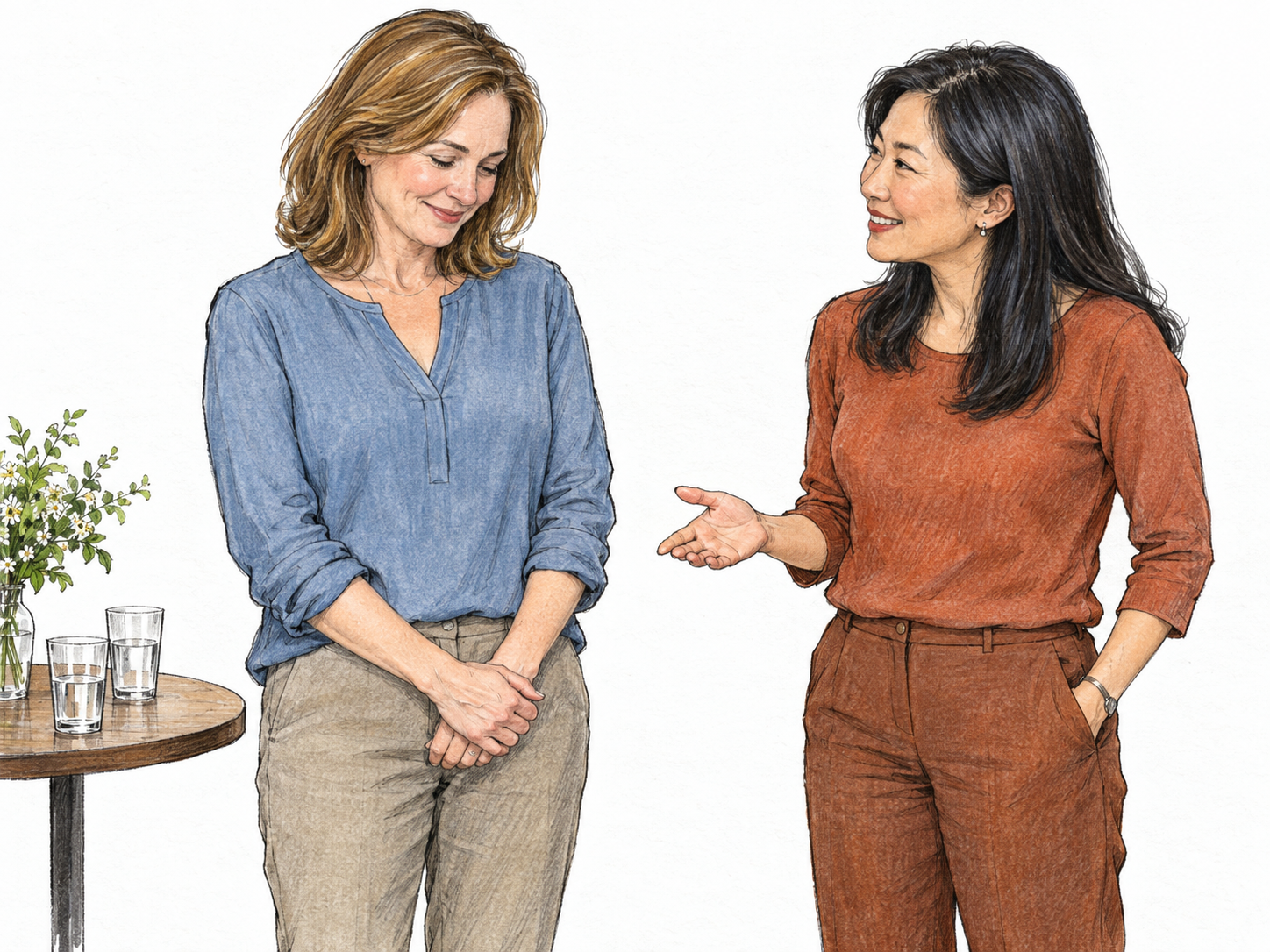 At a simple social gathering, a woman responds to a friendly greeting with a small, shy smile, lowered eyes and hands loosely folded in front of her.