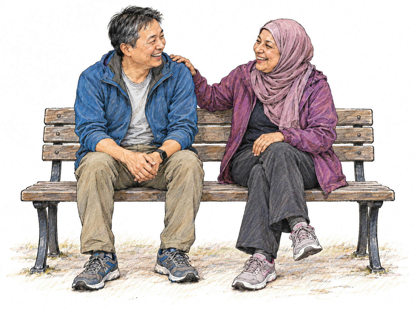 Two friends in a walking group pause together on a simple park bench, sharing a relaxed laugh.