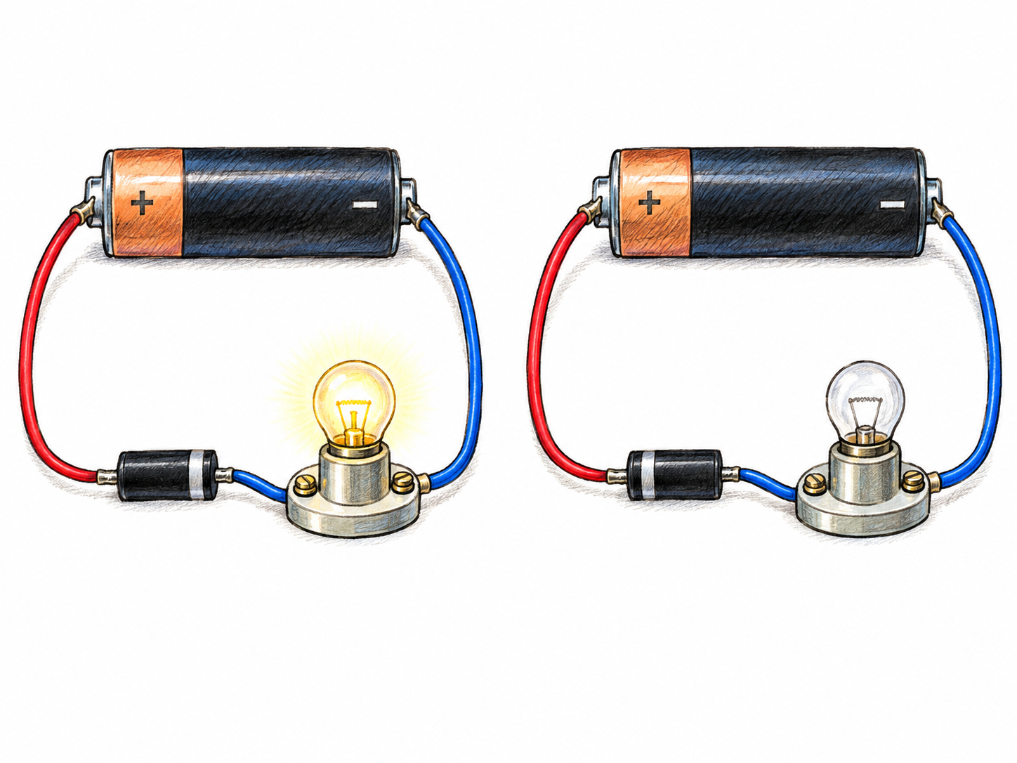 Two matching simple battery circuits demonstrate a diode's one-way conduction: a forward-facing diode allows a small bulb to glow, while the same diode reversed leaves the matching bulb dark.