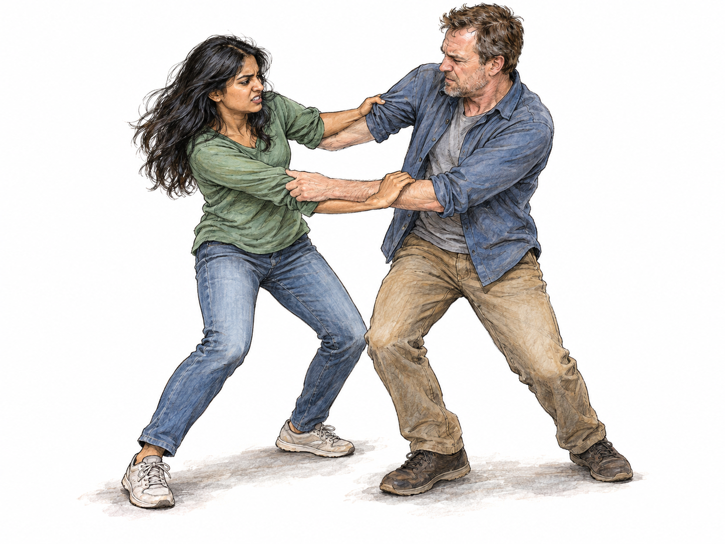 A compact, unarmed scuffle between two adults: each grips the other's upper sleeve while pushing and pulling off balance, with tangled footwork and tense expressions.