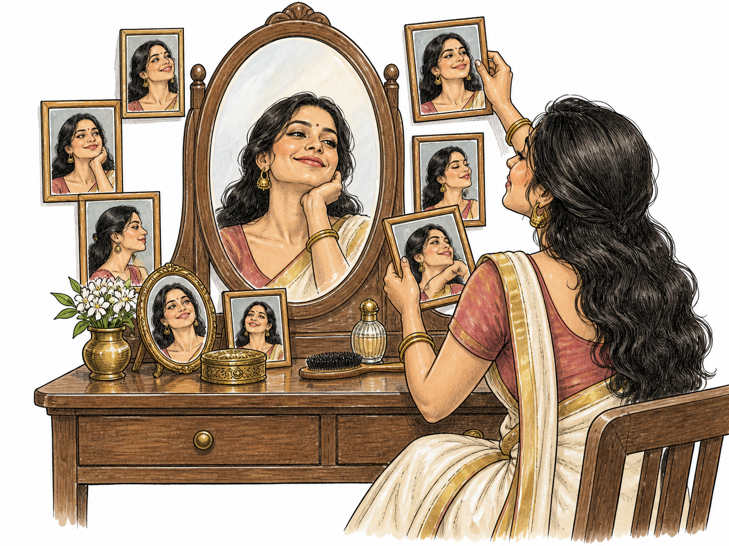 An adult lovingly arranges many portraits depicting the same adult around a mirror, inflated self-admiration, portraits small without text.