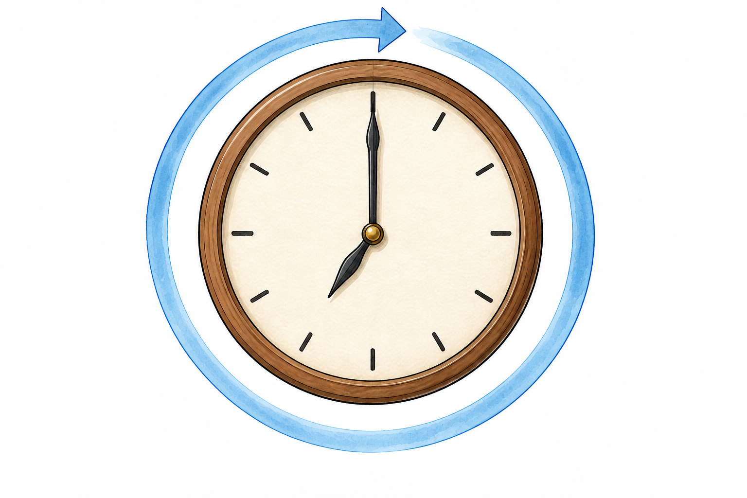 A simple analog clock with only twelve hour ticks and hands, a clear circular arc marks one full minute-hand rotation from twelve back to twelve, no numerals or words.