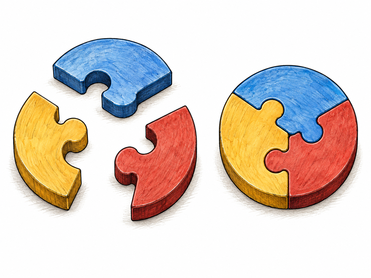 Three distinct shaped components combine neatly into one interlocking whole, completed coherent assembly beside remaining matching pieces; simple concrete synthesis, no arrows or writing.