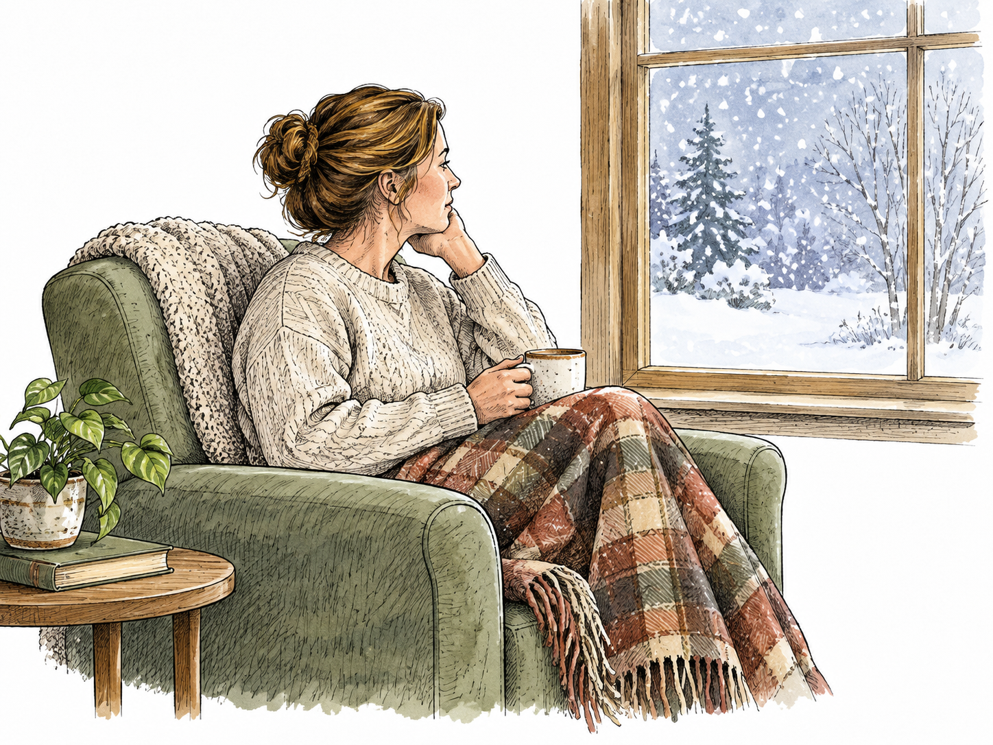 A white adult sits peacefully making no sound while watching snow fall outside.