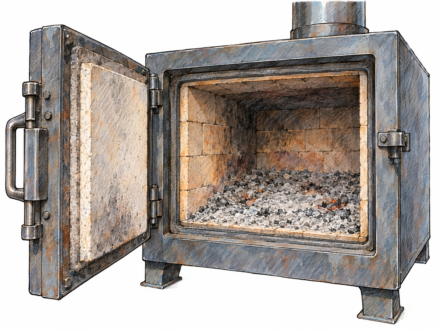 A compact industrial incinerator shown through an open inspection hatch after a completed burn: its refractory-lined chamber contains only a low bed of fine gray ash, with a few faintly glowing embers and no intact material remaining.