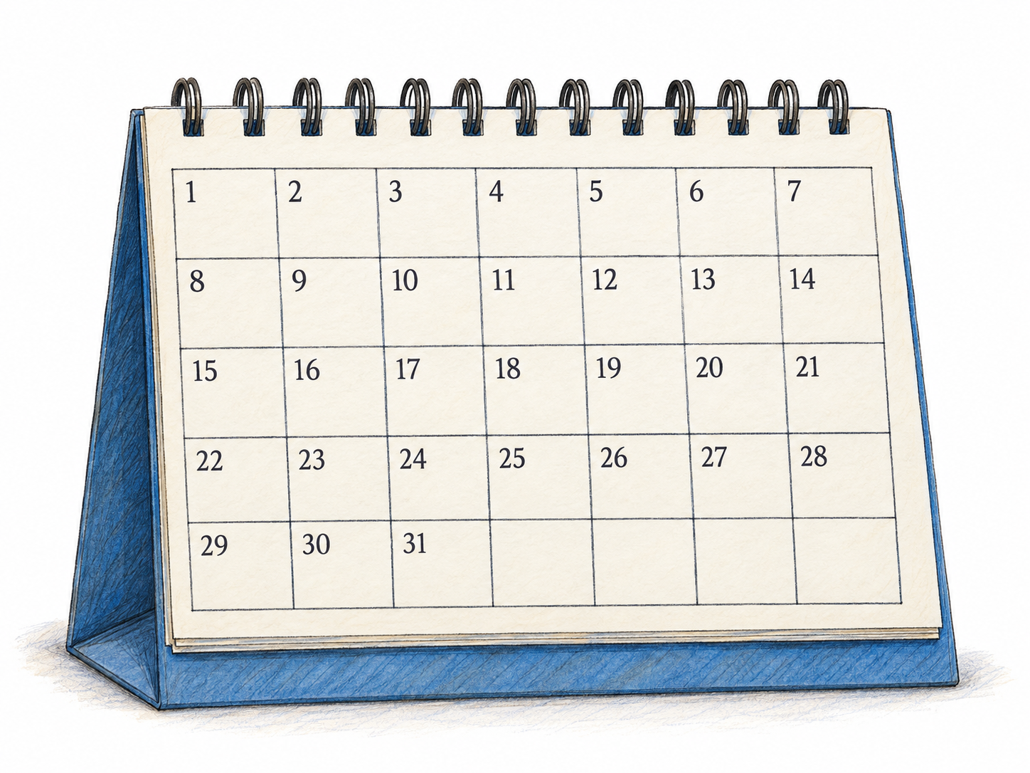 A spiral-bound monthly desk calendar with a clearly visible seven-column date grid, conveying days grouped into weeks on a month page.