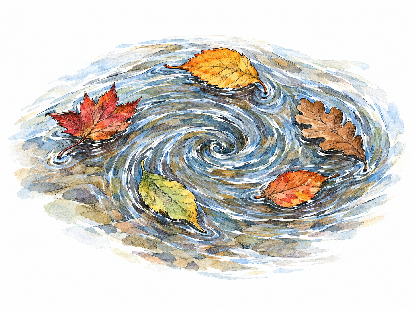 A small eddy in shallow water carries several autumn leaves along a curling spiral, making twisting circular motion clearly visible.