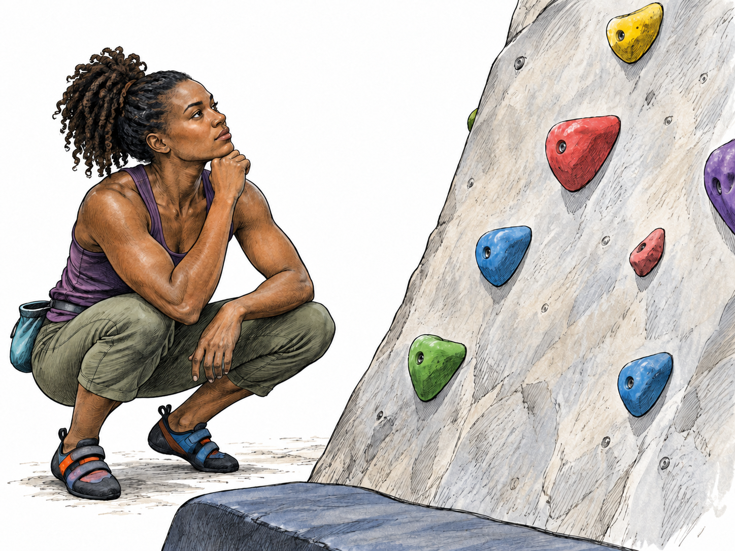 A climber studies a difficult low climbing wall with a determined calm expression, planning the next hold instead of giving up; clearly visible reachable holds and one small route segment.