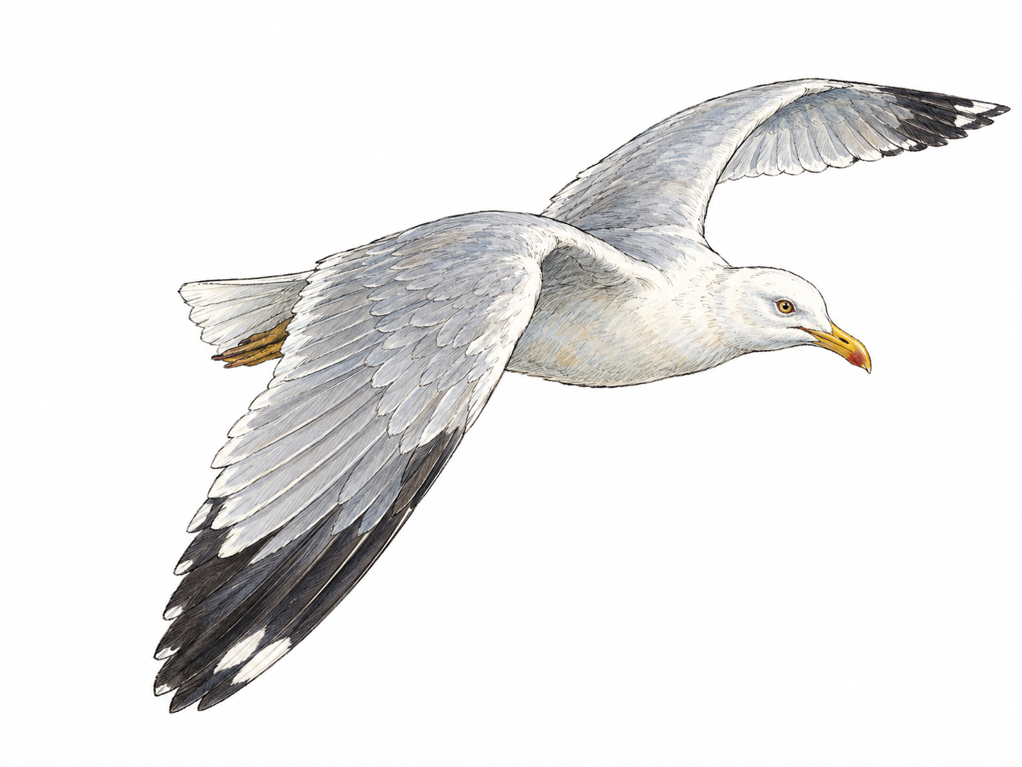 A gull in flight, viewed slightly from above and to one side, with its nearer wing fully extended so the flight feathers and attachment to the body are immediately recognizable.