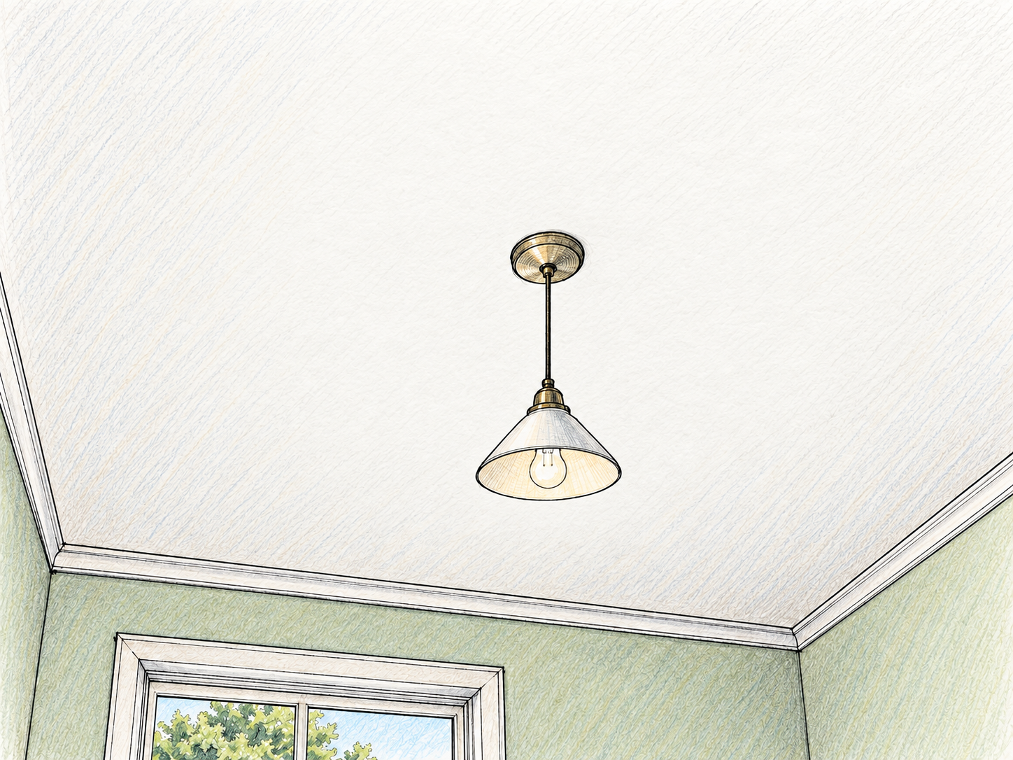 An upward-looking view of a room corner, with the broad interior ceiling dominating the image and a simple pendant light attached to it.