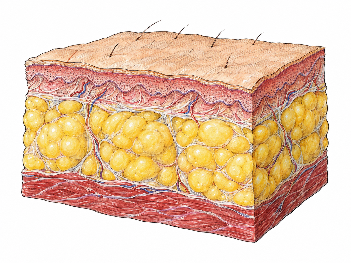 An isolated anatomical cutaway of skin showing the soft, lobulated yellow layer of subcutaneous body fat between the thin skin above and red muscle below.