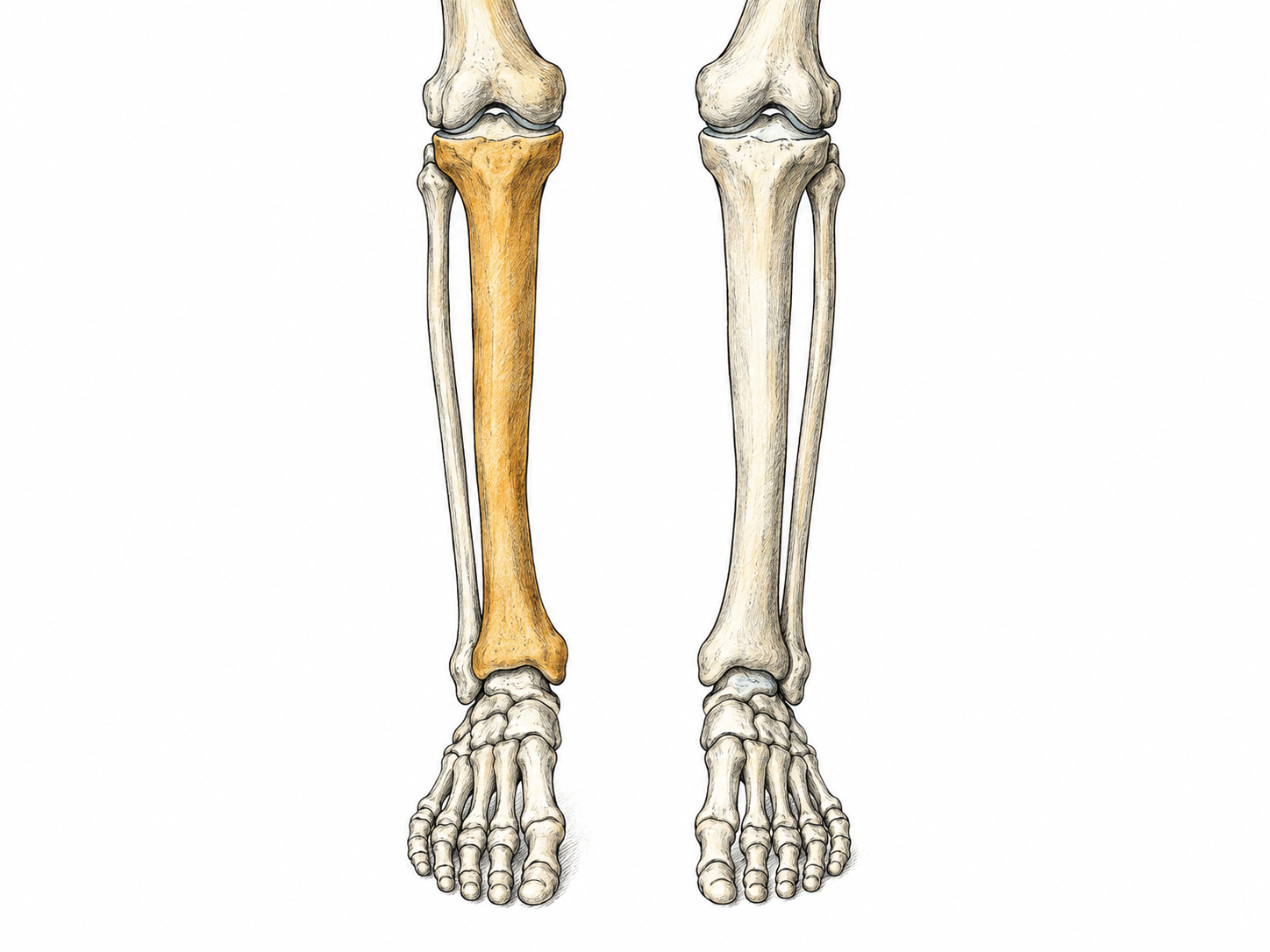 An anatomically accurate front view of a paired lower-leg skeletal model, from knees to feet.