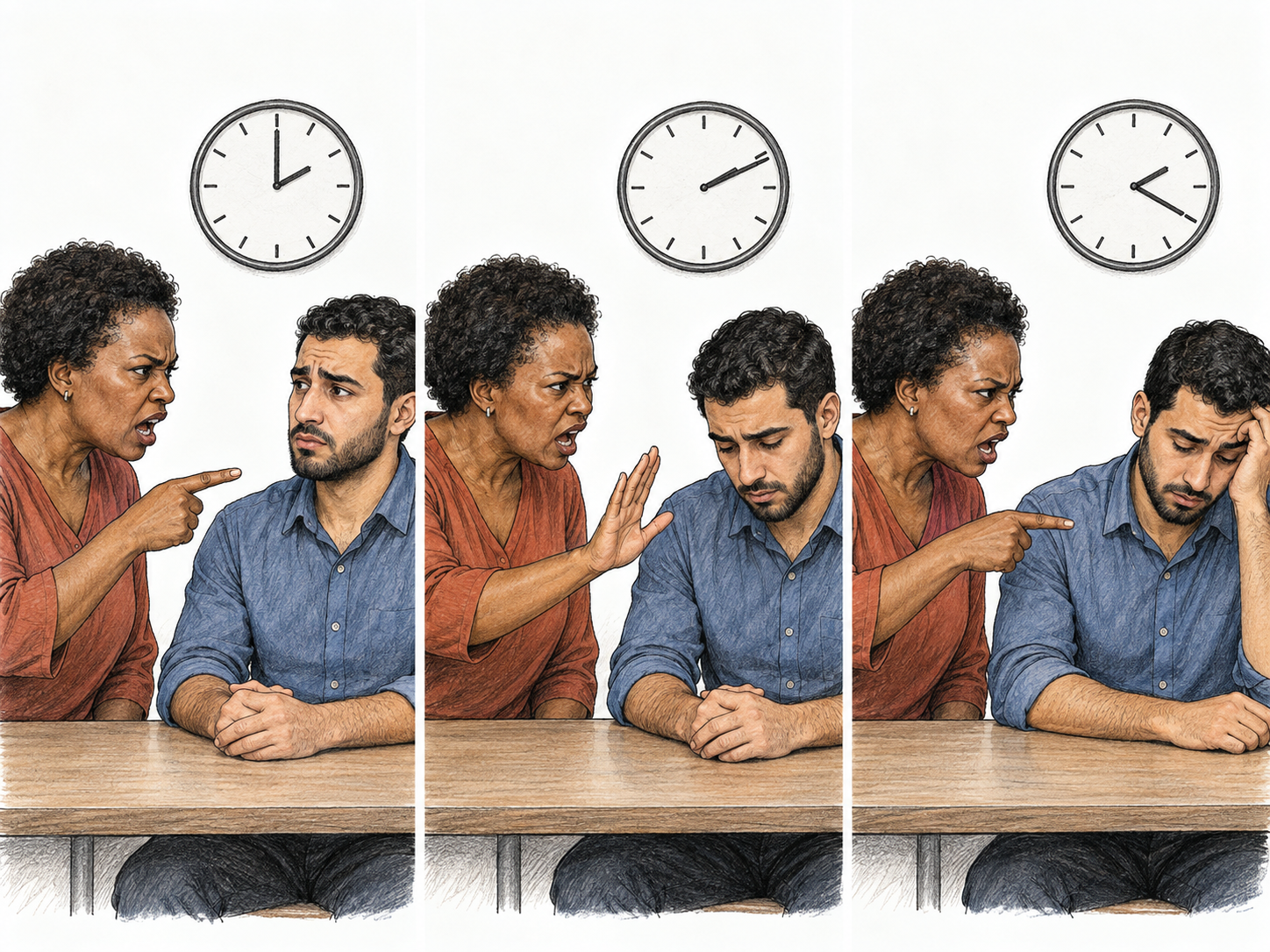 A compact three-moment sequence shows the same woman continuing an angry, accusatory speech while the same silent listener becomes increasingly weary; advancing clock hands make the prolonged criticism visible.