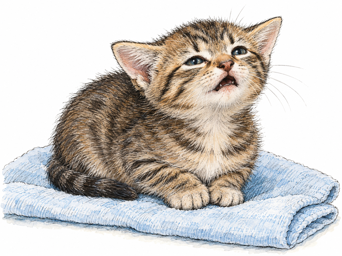 A very young kitten makes a small, plaintive cry while crouched on a folded towel.