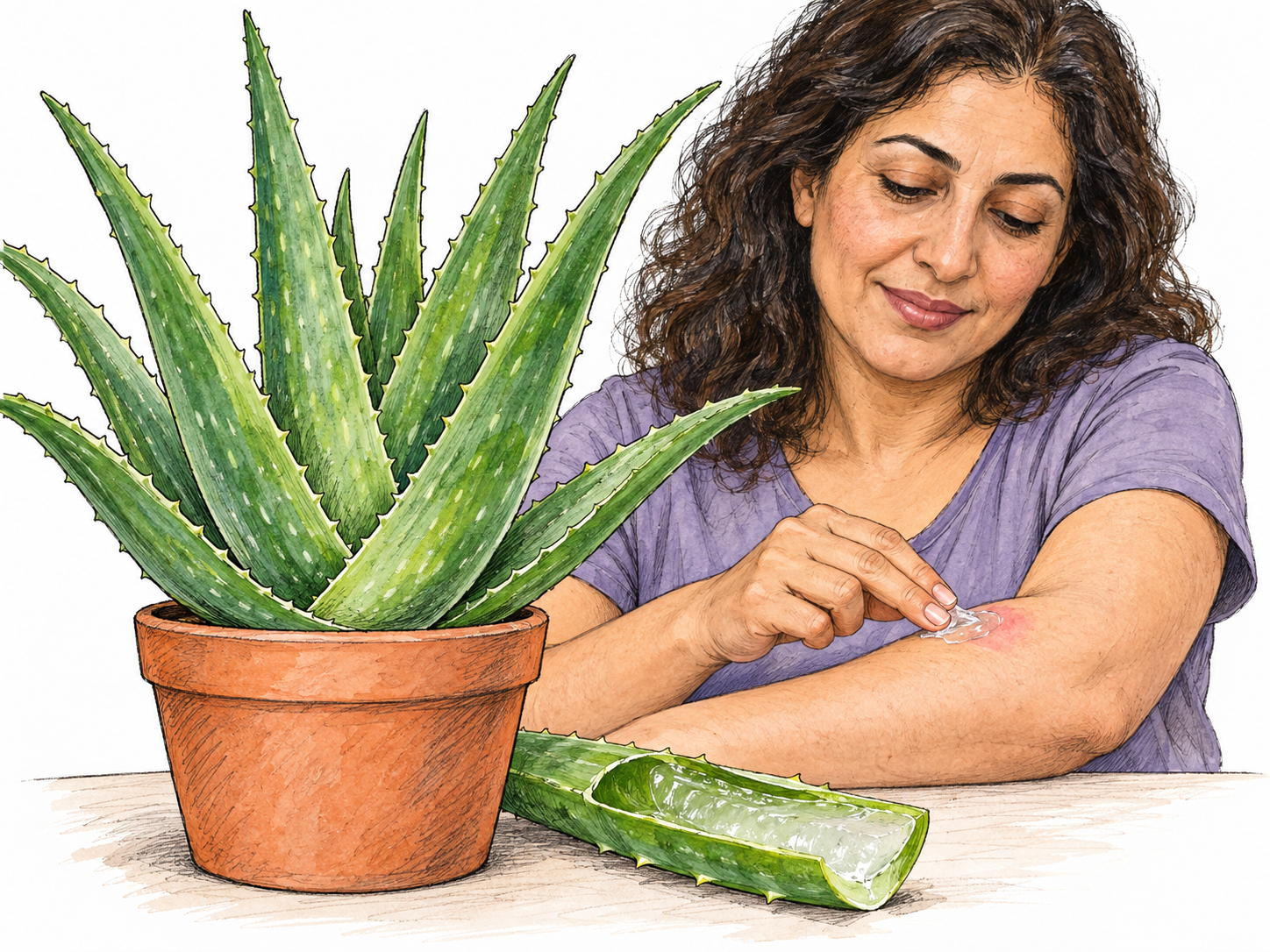 A clearly recognizable potted aloe plant beside a freshly split fleshy leaf exposing its translucent gel.