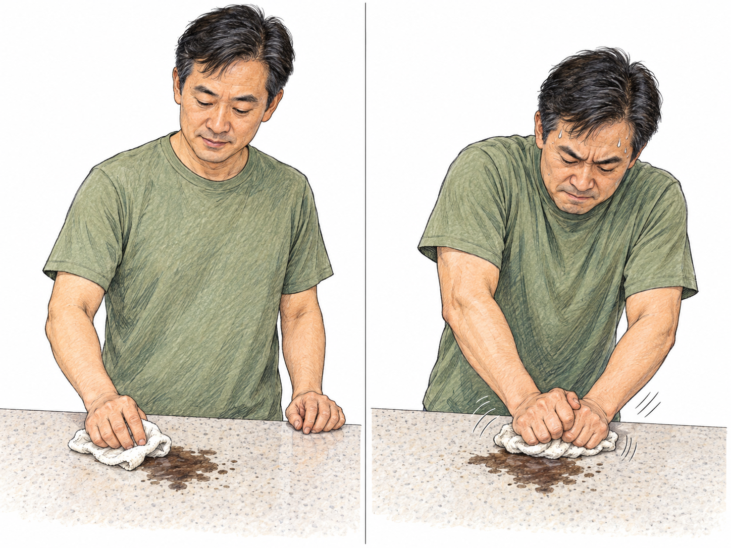 A two-panel sequence shows the same man redoubling his effort to scrub a stubborn stain: first wiping lightly with one hand, then leaning in and vigorously scrubbing the same spot with both hands.