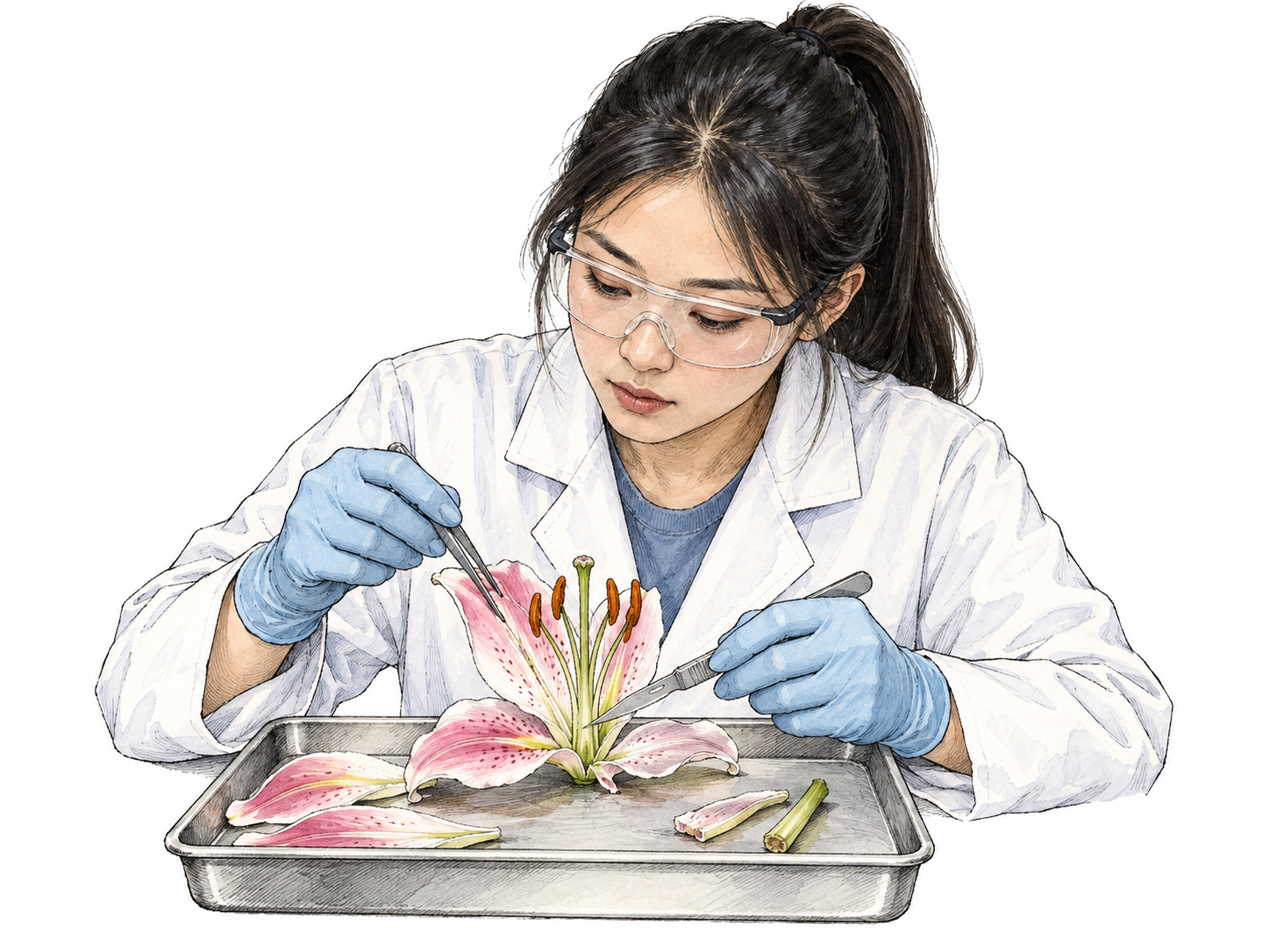 Student carefully dissects large flower with tweezers and scalpel, petals separated to expose inner structures for study; no animal gore, no labels, small tray on white.
