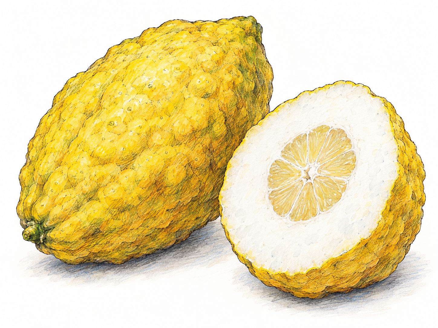 One whole, large, knobbly yellow citron beside a cut half, exposing its exceptionally thick white rind and relatively small central pulp.