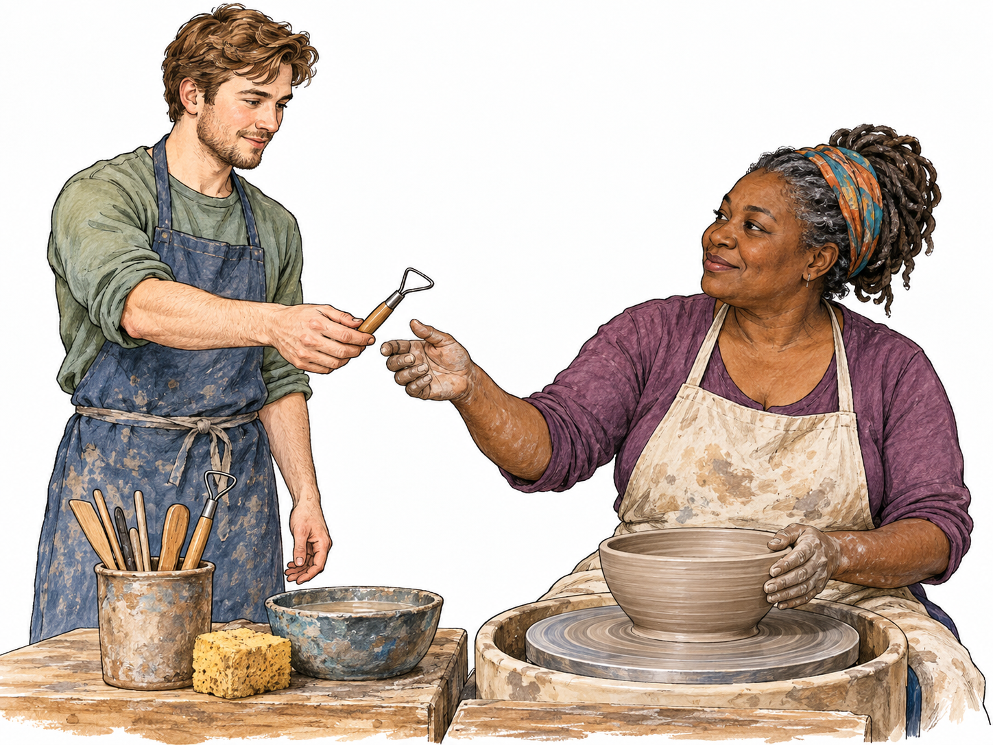 An assistant at a pottery workbench hands a clean shaping tool to the lead potter, who is forming a clay bowl on a small manual wheel.