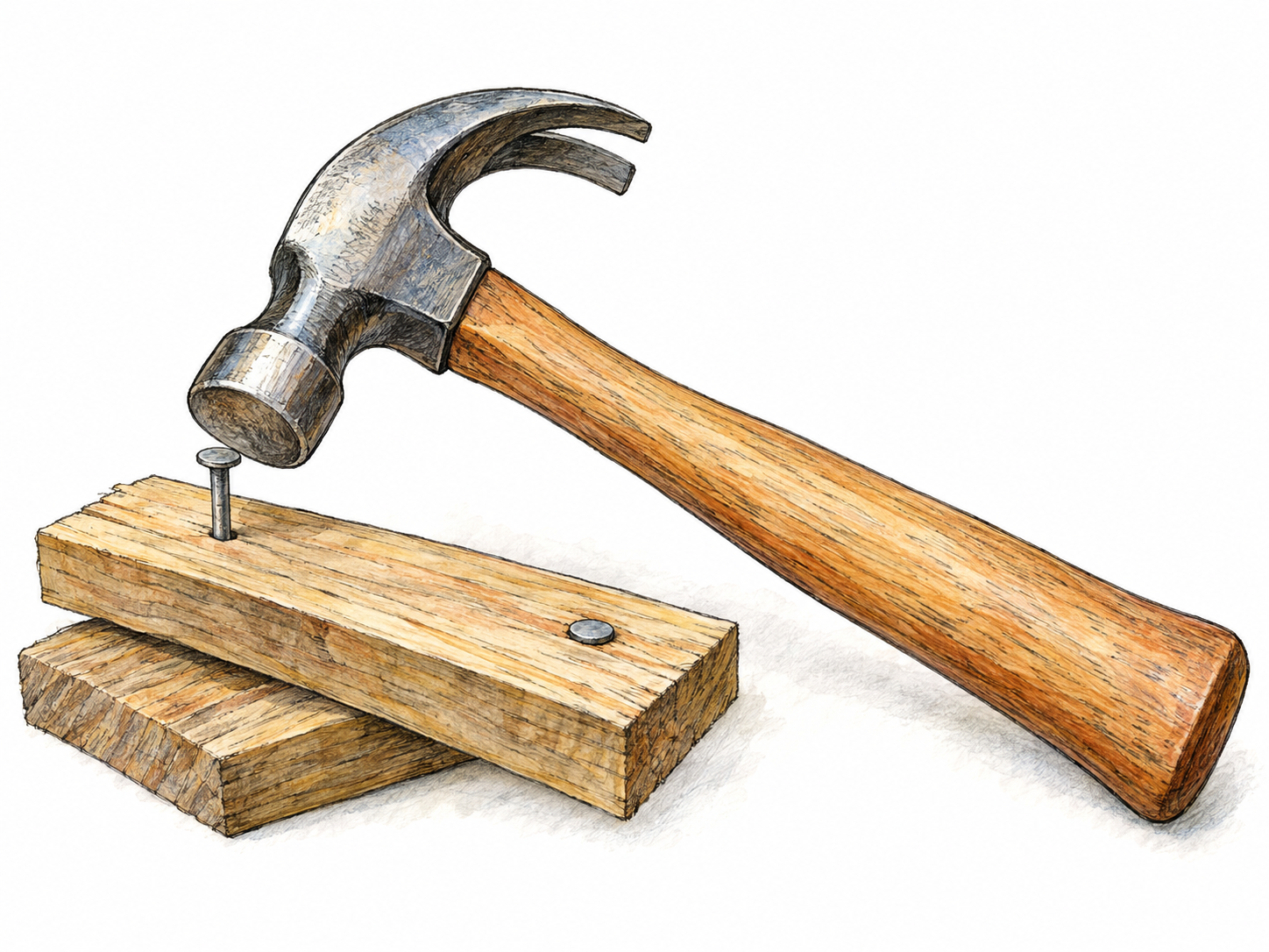 A clearly recognizable claw hammer beside a simple wooden joint with a partly driven nail, showing a manual instrument and its practical use in making things.
