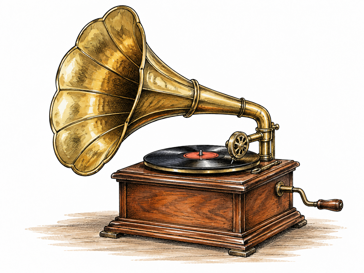 Antique gramophone with brass horn and record on turntable.
