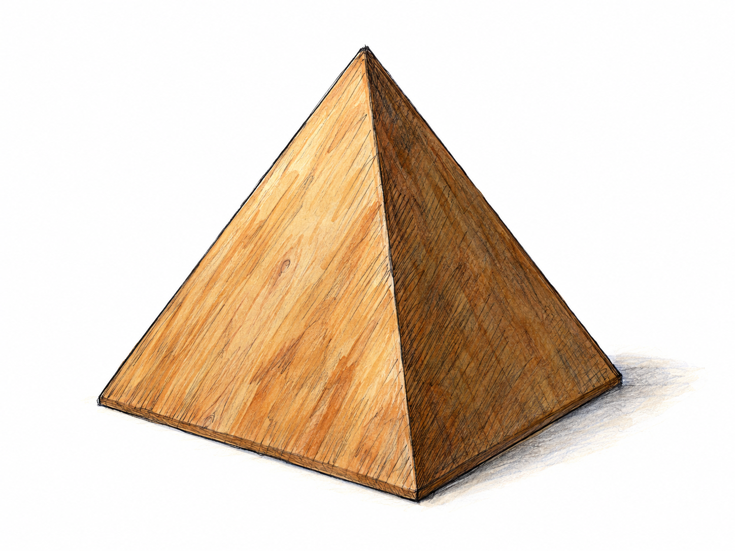 A single solid square-based pyramid viewed from above at a three-quarter angle, with crisp straight edges and two clearly visible triangular faces meeting at one apex.