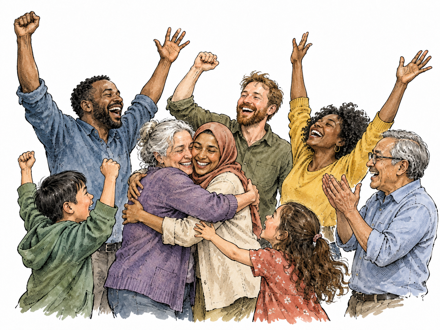 A diverse neighborhood group celebrates with joyful hugs and raised hands, no text or banners.