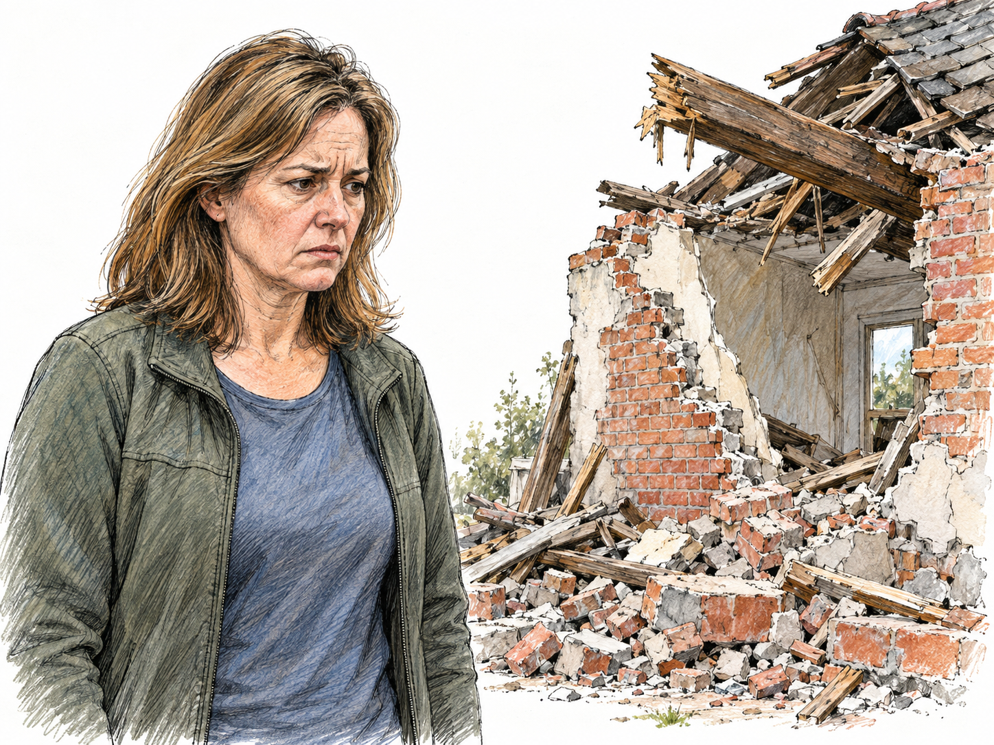 A close view of a woman surveying a severely damaged home, her tightly set mouth, lowered brows and rigid posture conveying a grim expression.