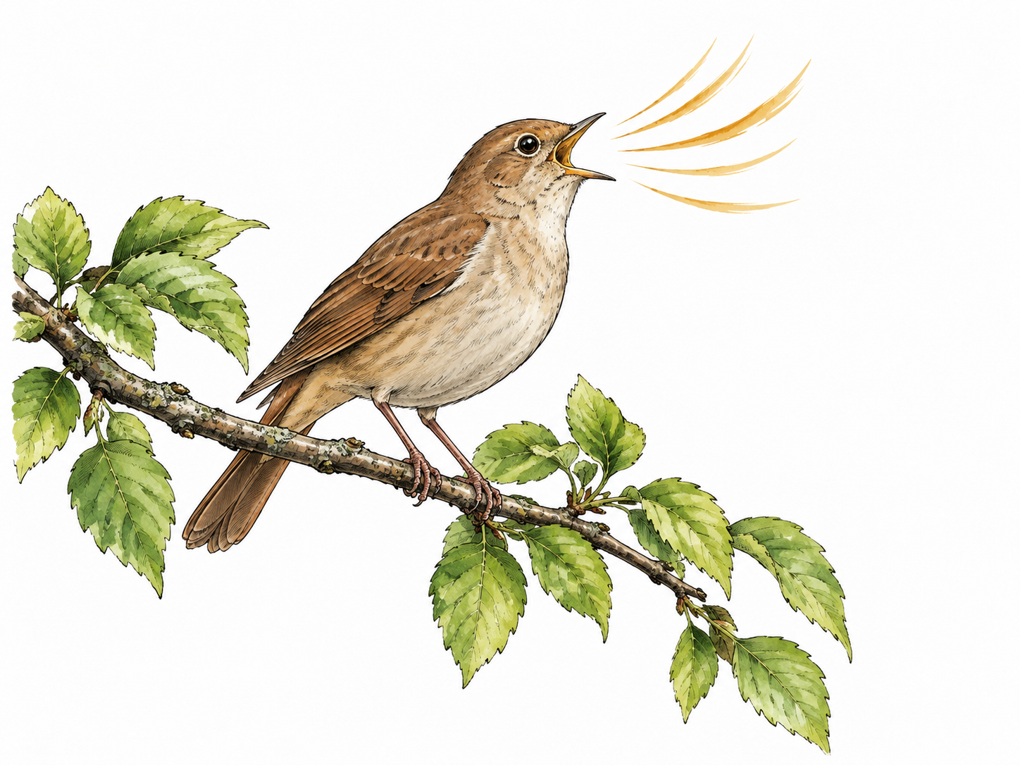 A small plain brown nightingale sings from a leafy branch, realistic modest plumage.