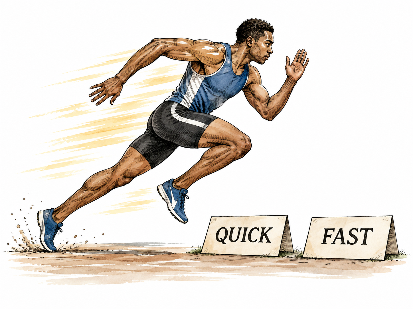 Two labeled cards QUICK and FAST beside one running athlete.